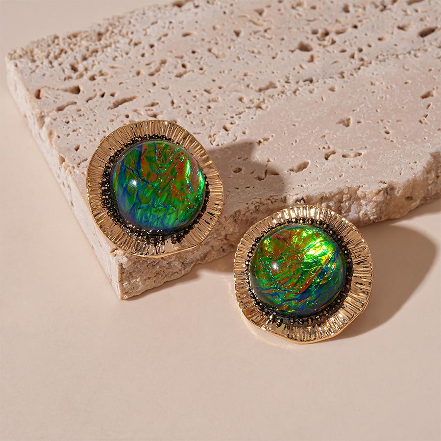 Retro old resin round geometric silver needle stud earrings French simple Internet celebrity earrings