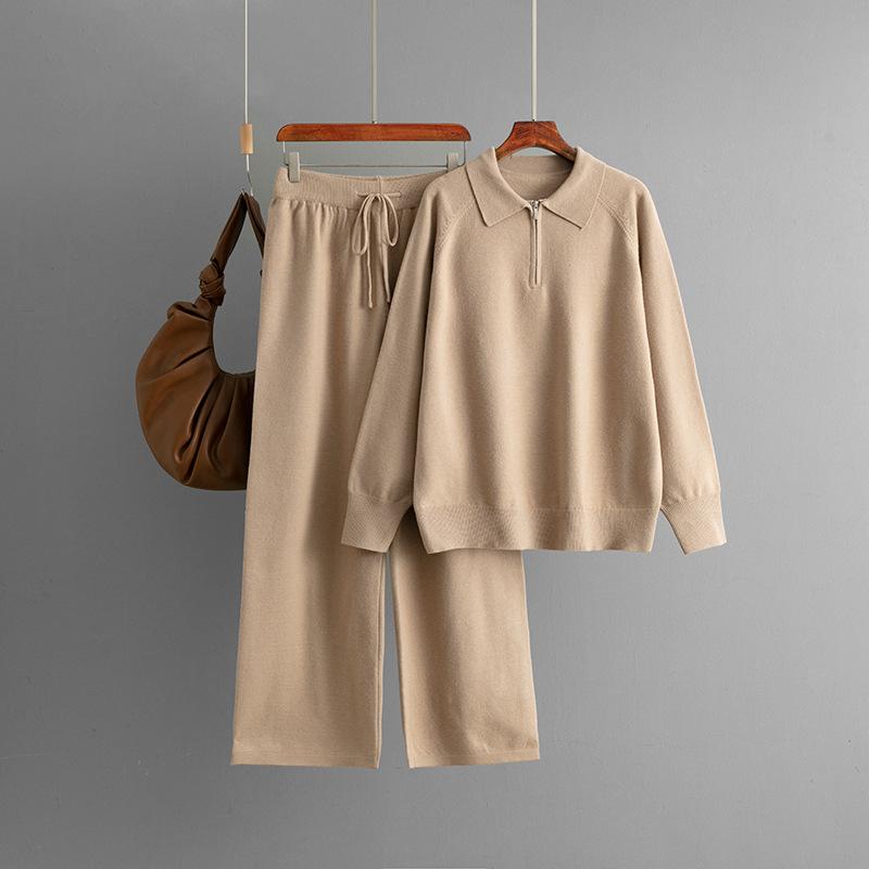 Fashion Set Women's Autumn Winter Polo Collar Half Zipper Casual Knitted Sweater Wide Leg Pants Two Piece Set