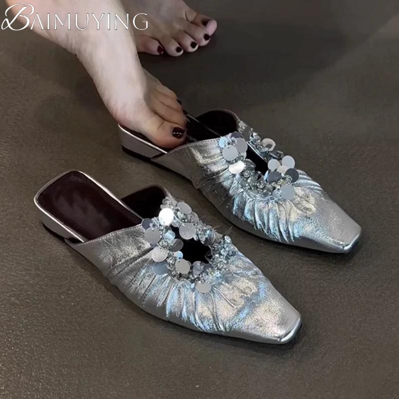 Fashion Women Mules Shoes Bling Flats Square Toe Slippers Elegant New 2025 Summer Sandals Dress Party Luxury Woman Slingback Shoes Mujer