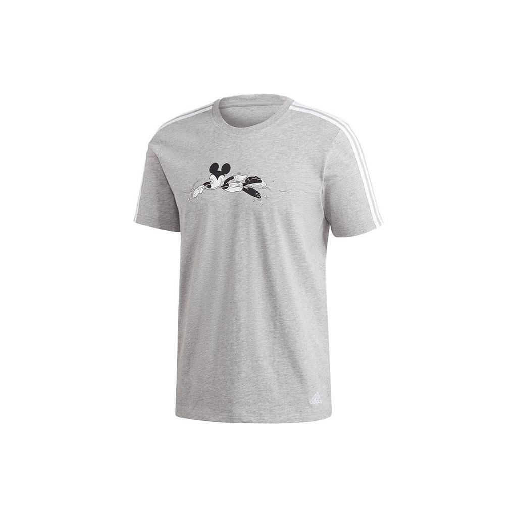 Adidas Disney Collaboration Cartoon Print Striped Crew Neck Short Sleeve T-Shirt Unisex Tops Gray GQ0906