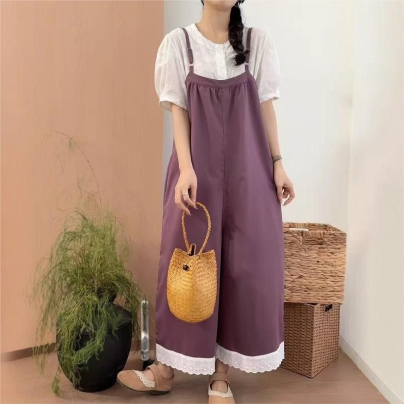 Johnature Casual Japanese Suspender Pants Women Summer Collection Loose Versatile Wide-leg Jumpsuits