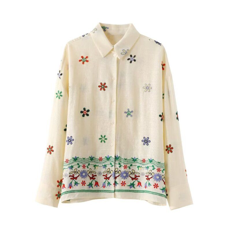 

Модный стиль 2024 Лето Новое поступление Женская одежда Темперамент Дикий цветок Вышивка Рубашка Брюки с высокой талией 3444460 Shirt XS