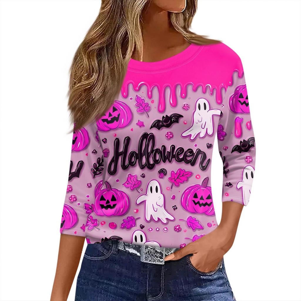 Damen T-Shirt Halloween Print 3/4 Ärmel Alltagsmode Basic Rundhals Reguläres Oberteil