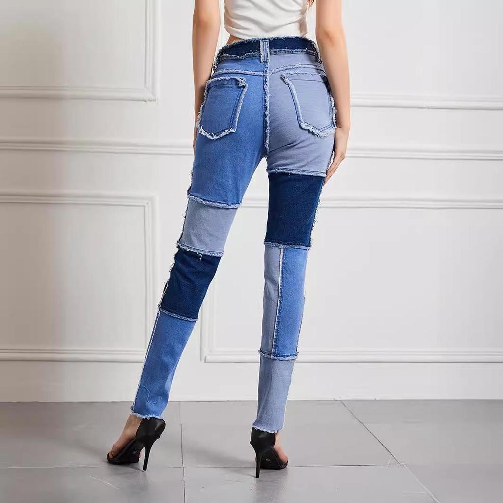 2025 Women's High Waist Slim Jeans with Elasticity, European & American Style, Plus Size, Frayed Hem, Patchwork