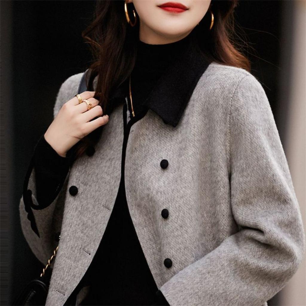 Herbst und Winter Neue Mode Koreanische Version Schlankmachend Lässig Vielseitig Temperament Kontrastfarbe Kleiner Revers Wollmantel für Damen