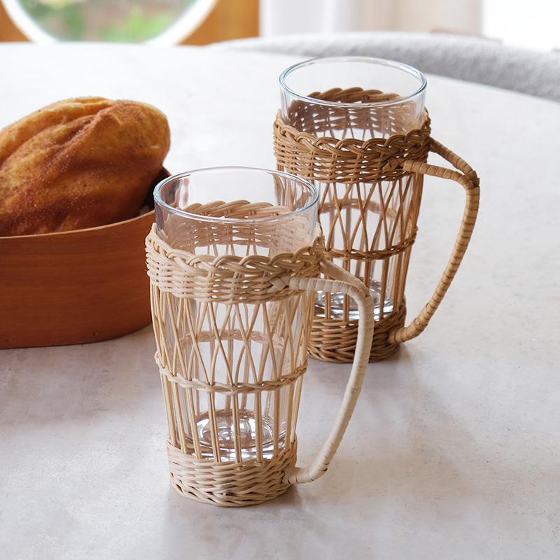 Rattan with Handle Retro Glass Woven Cup Household Breakfast Milk Cup Thermal Insulation Water Cup