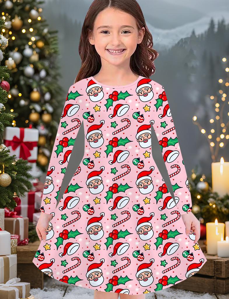 Vestido de Moda Outono e Inverno para Meninas, Estampa de Natal 3D Vestido Infantil Longo de Gola Redonda, Casual Versátil, Roupa de Natal