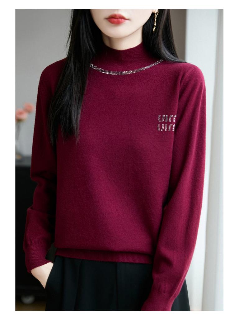 Autumn/Winter Rhinestone Semi-High Neck Knitted Sweater Top for Women
