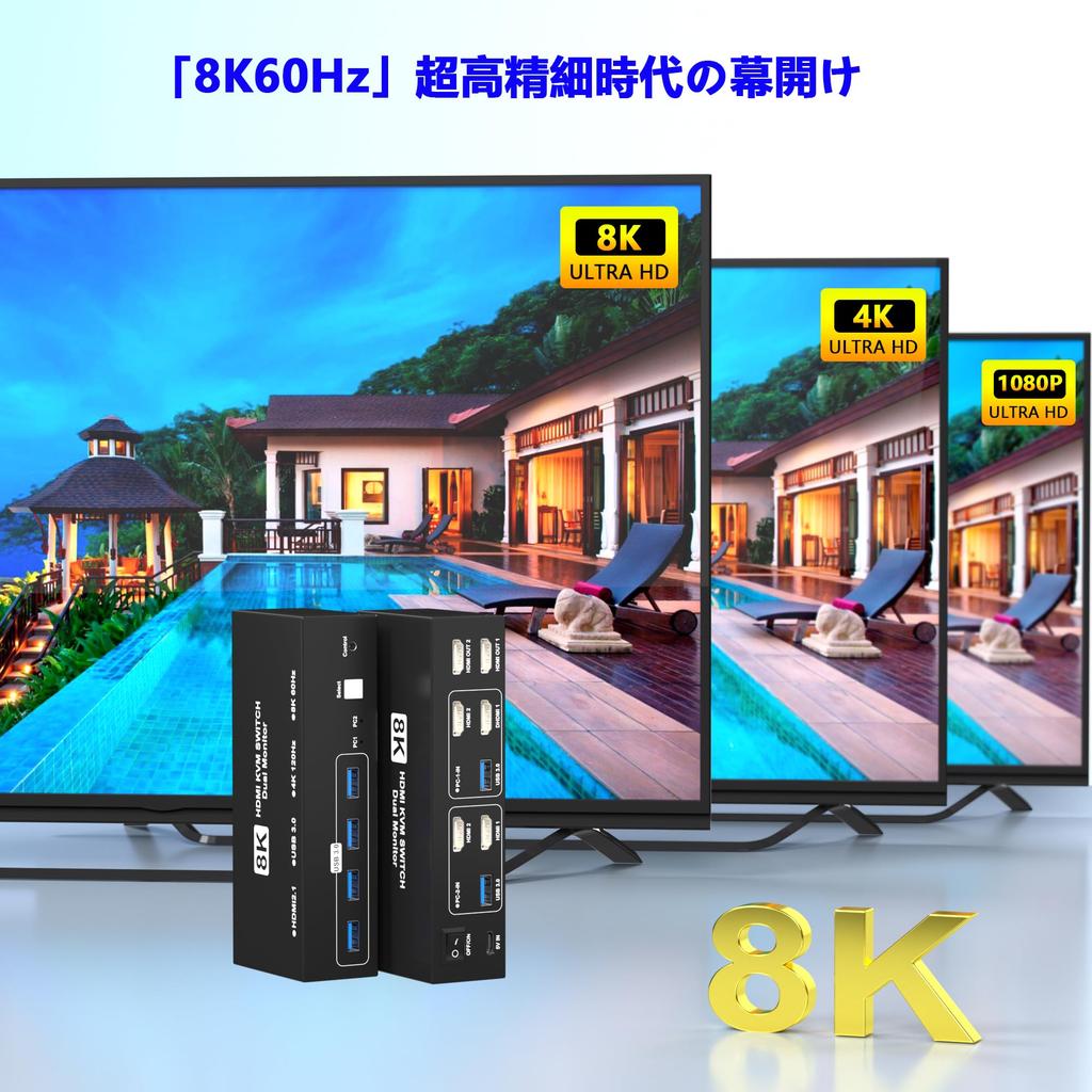 8K@60Hz HDMI KVM-Switch, 2 Eingänge/2 Ausgänge, HDMI KVM-Umschalter, schaltet zwischen 2 PCs und 2 Monitoren um, 4 USB 3.0-Anschlüsse, unterstützt Tastatur/Maus/Drucker