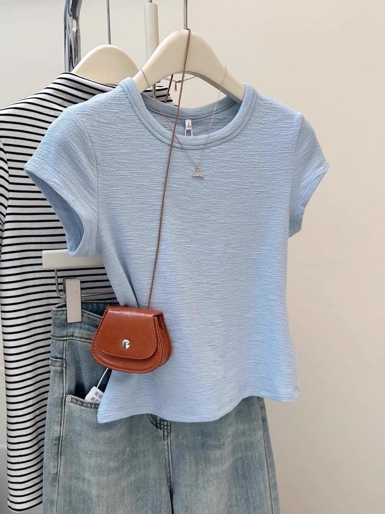 Milk blue texture Korean simple short-sleeved women's T-shirt summer slim-fitting and thin niche foreign style bottoming shirt top