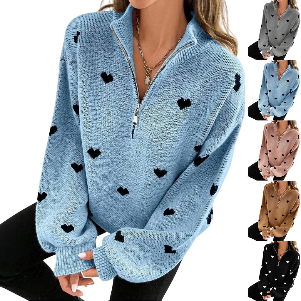 Women's Knit Long Sleeve Zip-Up Sweater with Heart Pattern for Casual Wear