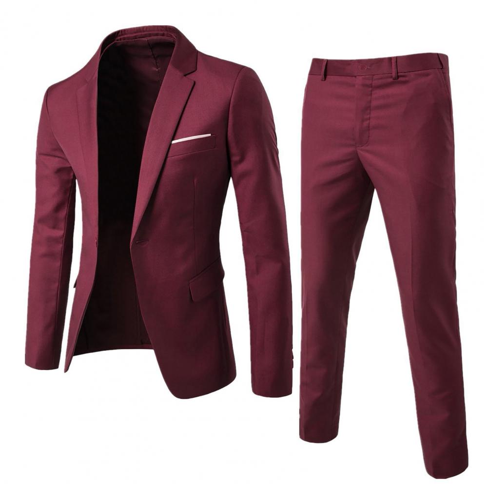2Pcs/Set Men Slim Fit Suit Set Lapel Long Sleeve Single Button Suit Coat Mid-rise Long Pants Set Solid Color Business Outfit