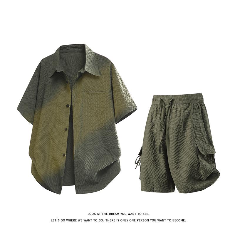 2025 Summer Men Solid Color Shirt +Shorts Men Casual Two Pieces Sets Male Short Sleeve Shirts Shorts Man Tracksuits
