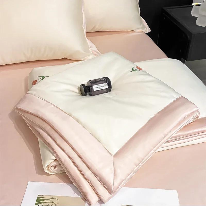 High-end Embroidered Spring Summer Quilt 4 Pcs Set or 3 Pcs Set or 1 Pcs Luxury Skin- Friendly Summer Blanket Lightweight Duvet