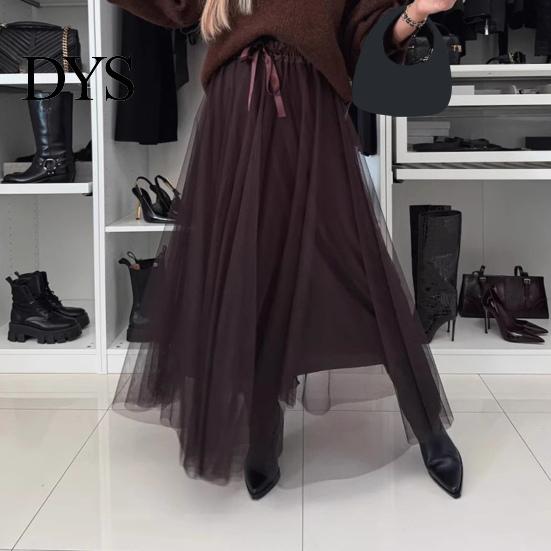 Polyester Mesh Skirt Women's Tulle Skirts High Waist Midi Black Flowy Flattering Design Party Dress Long Tutu for Wedding Cocktail Prom Trendy Women