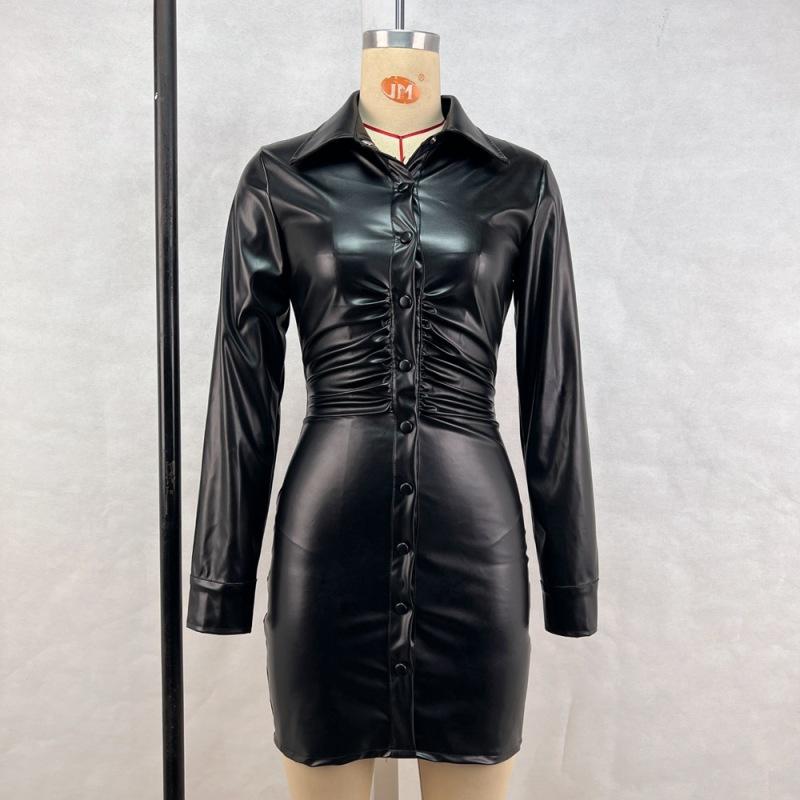 Dámské šaty z matné kůže Elegantní bodycon plisované mini šaty s dlouhým rukávem Párty Stretch PU Slim Y2K šaty do klubů s plným knoflíkem Novinka