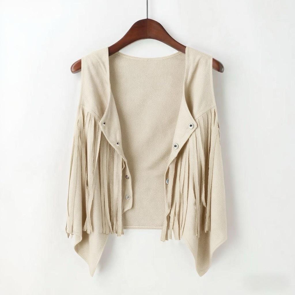 Dames Vest Kort Casual met Franjes en Knopen: Effen kleur, Slim fit, Kraag met halve knoopsluiting
