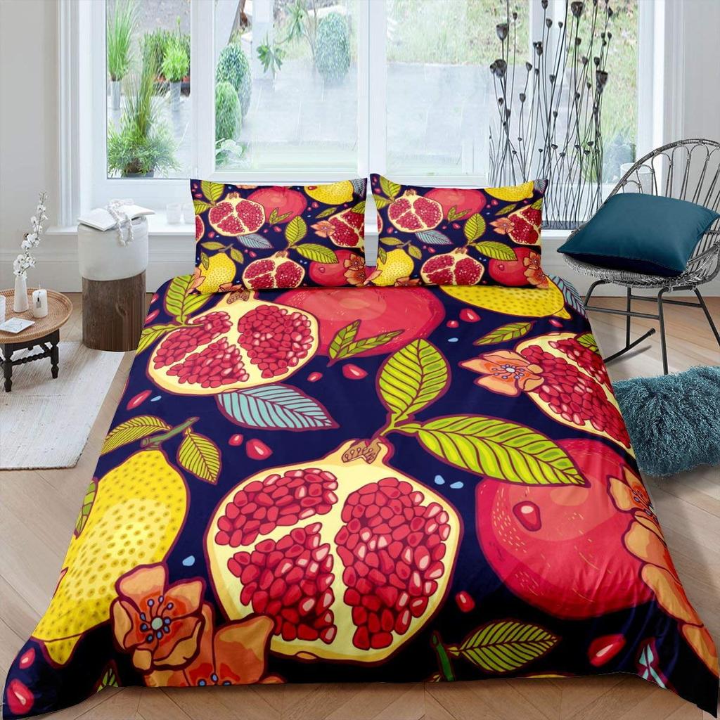 Red Pomegranate Duvet Cover Summer Tropical Fruit For Women Children Green Leaves Quilt Cover For Bedroom Decorations Warm Soft