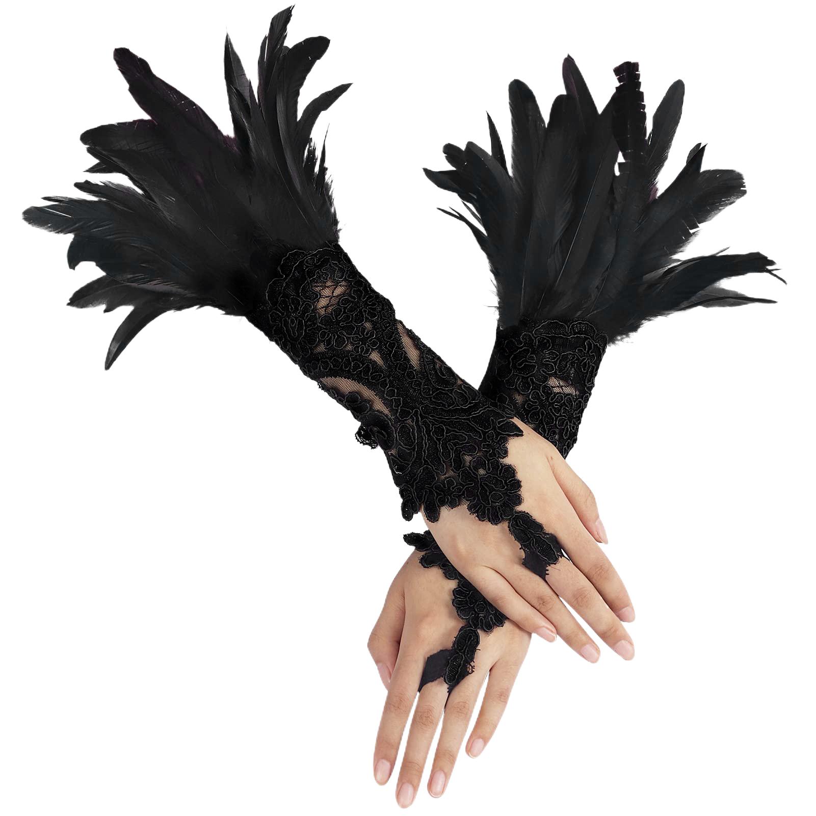 Punk Gotische Handschoenen Veer Polsmanchet Carnaval Podiumshow Showgirl Natuurlijk Geverfd Haanenveer Armwarmer Feest Cosplay Kostuum One Size black