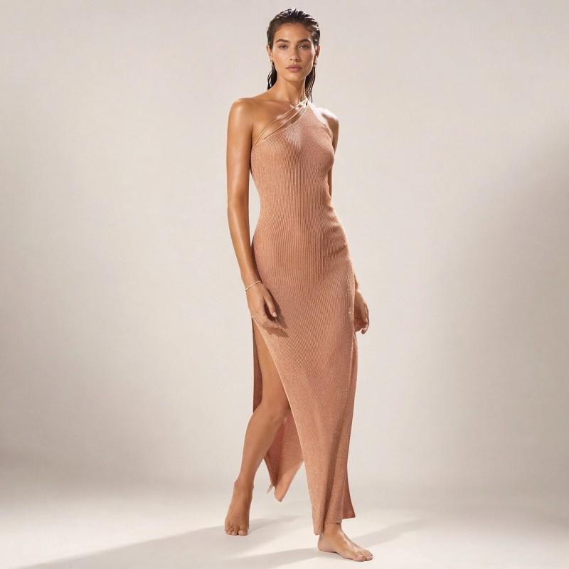 2026 Womens Solid Color Knit Beach Cover-Up Dress Sleeveless Wrap Style Long Skirt Swimwear