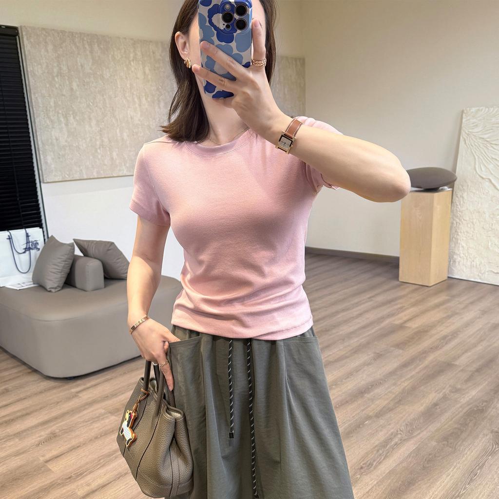 Women's Crew Neck Short Sleeve Tight Fit Japanese Casual Tencel Cotton Crop Top Basic Tee