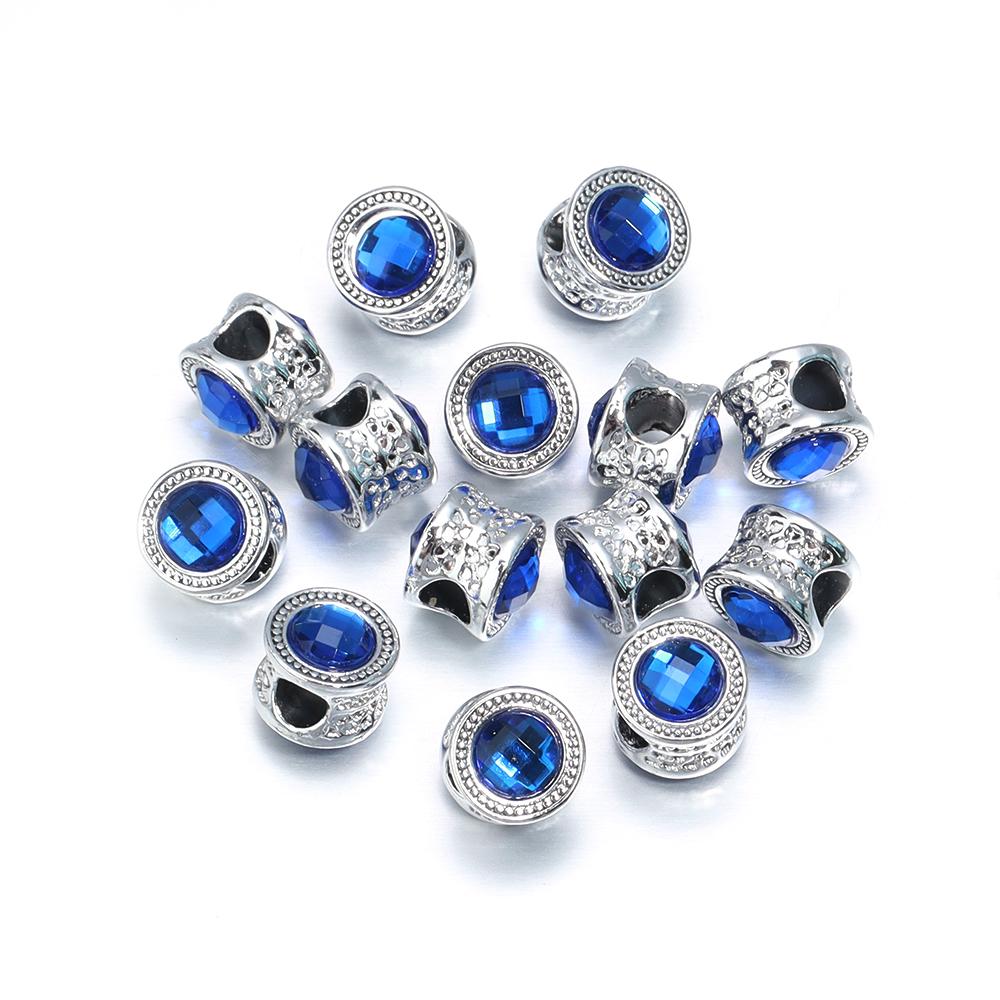 10pcs/Lot Color Alloy Rhinestone Spacer Beads Large Hole Barrel Bead for Jewelry Making DIY Charms Bracelet Hair Beads Accessory