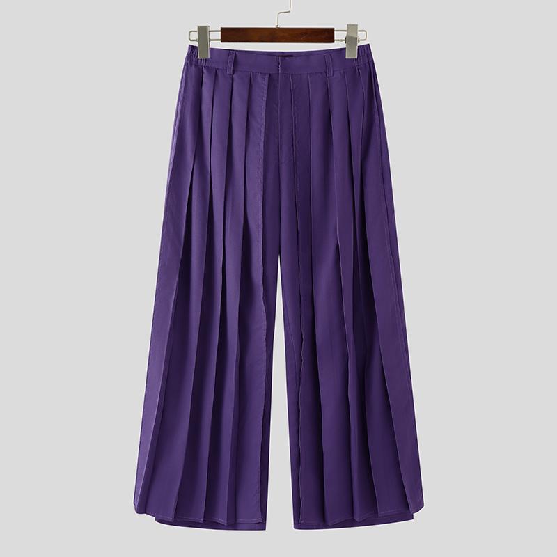 INCERUN Men Solid Color Zipper Waist Pleated Layers Casual Wide Legs Pants Trousers