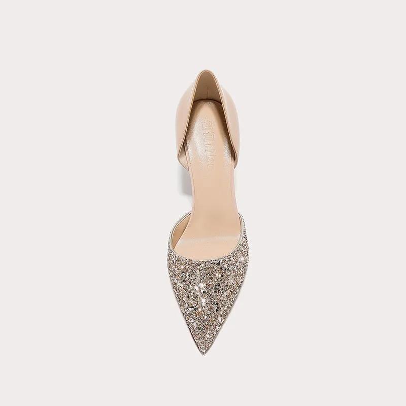 Fashion Sexy Summer Women Pumps Sequined Cloth  Thin High Heels Pointed Toe Buckle Strap Shallow Party Wedding Shoes