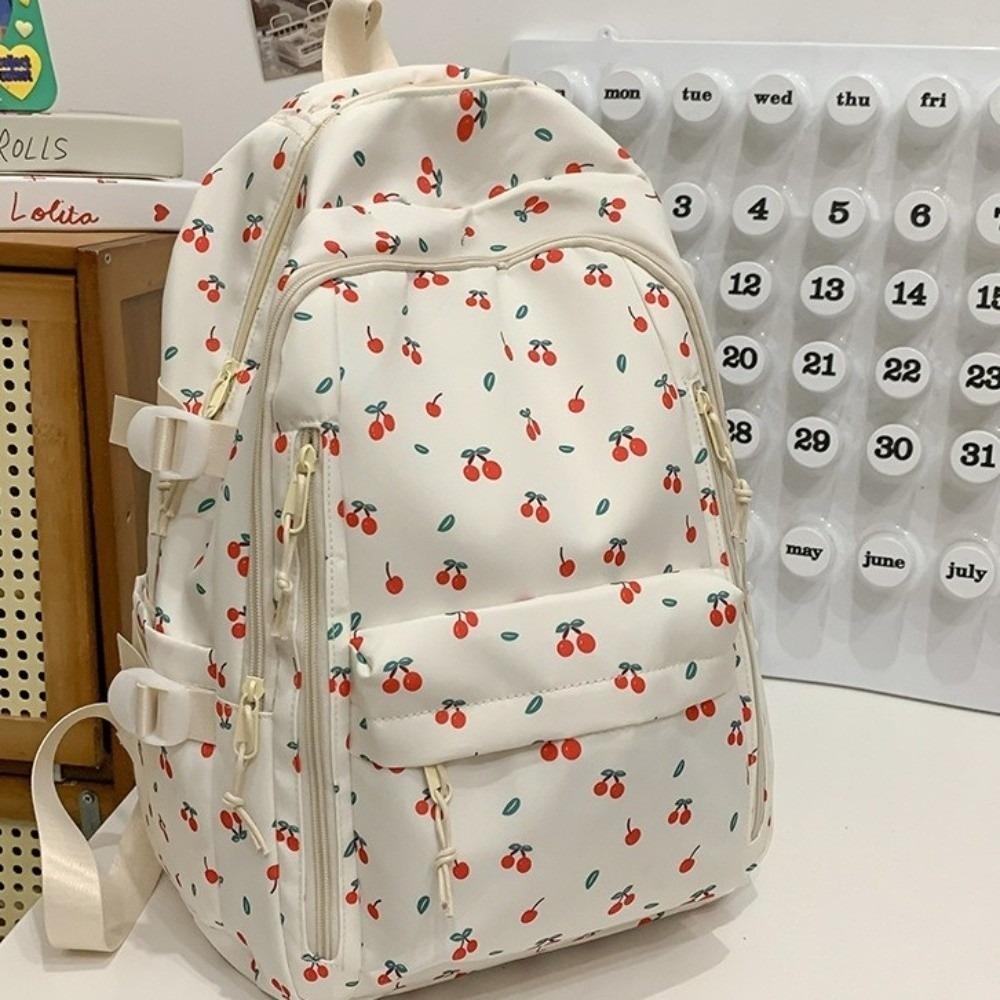 Multi-compartment Bow Pattern School Bag Multi-pocket Rucksack Floral Print Backpack Travel Cherry
