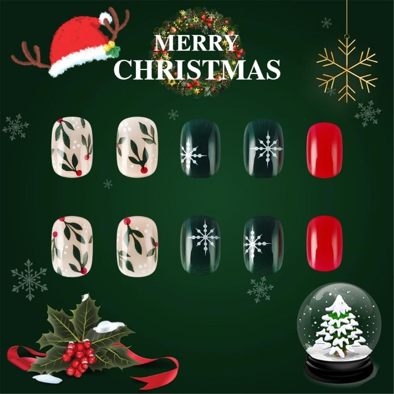 Christmas Artificial Nails Snowflake False Nails Full Cover Stick on Nails Short Square Press On Nails for Women Girls