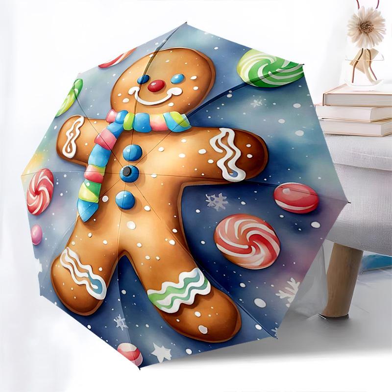 

1pc Gingerbread Man Automatic Folding Umbrella, Portable 3-Fold Design with 8-Bone Iron Frame, Perfect for Festivals, Travel, Daily Use, and Gift Givi