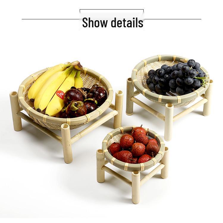Handmade Bamboo Woven Basket Set - Round Winnowing Basket and Snack Plate for Hotel or Restaurant Use