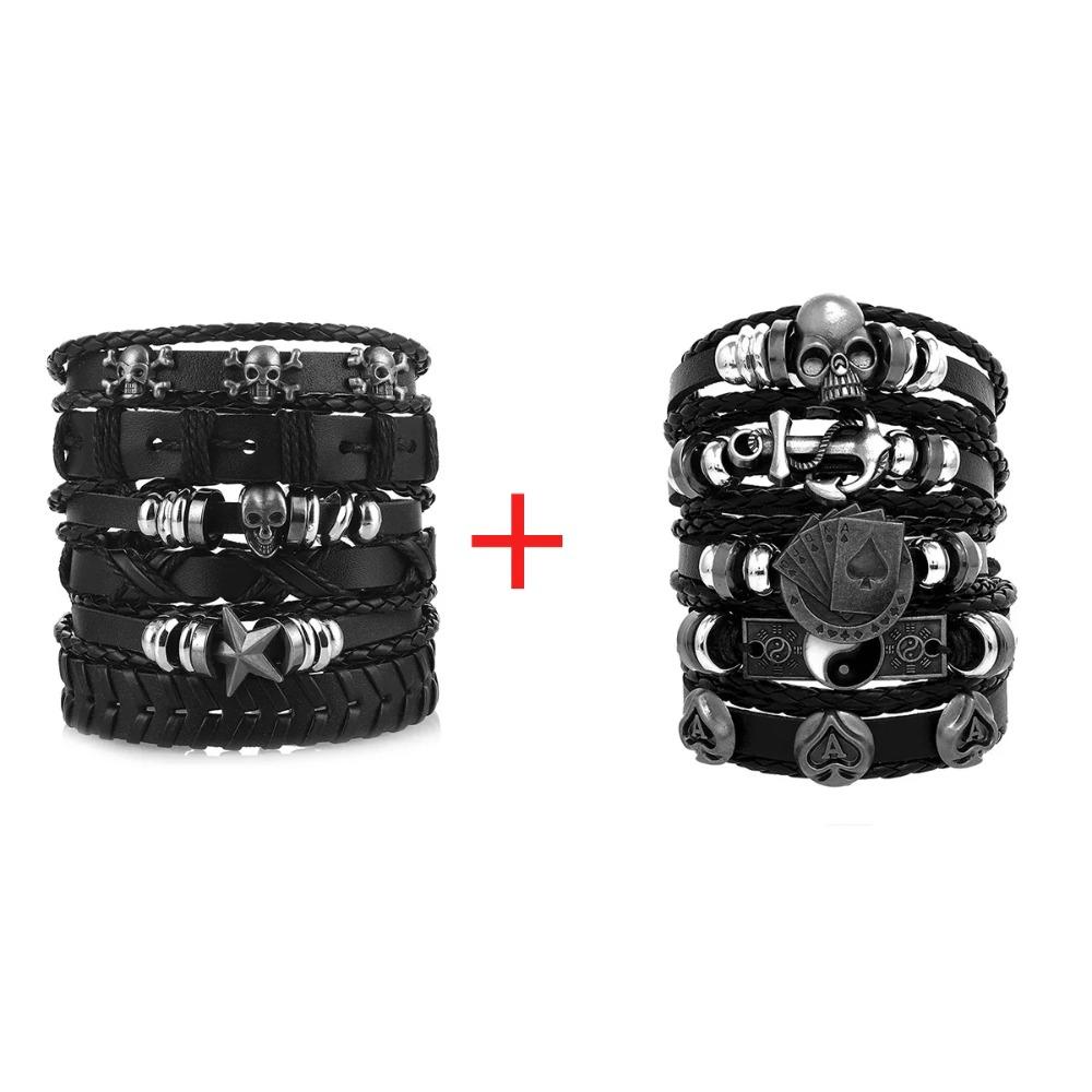 1 Mode-Armband Wikinger-Armband Für Männer Handgelenk-Armbänder Geflochtenes Totenkopf-Hand-Schmuckstück Verstellbares Leder-Set-Armband Für Leder