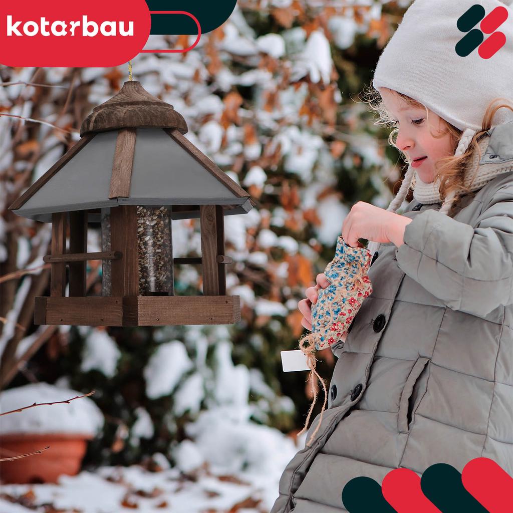 Kotarbau® Suspended Bird Feeder With Dispenser For The Balcony For The Garden Hexagonal Wood 310 X 285 Mm + Feed 0.5 Kg