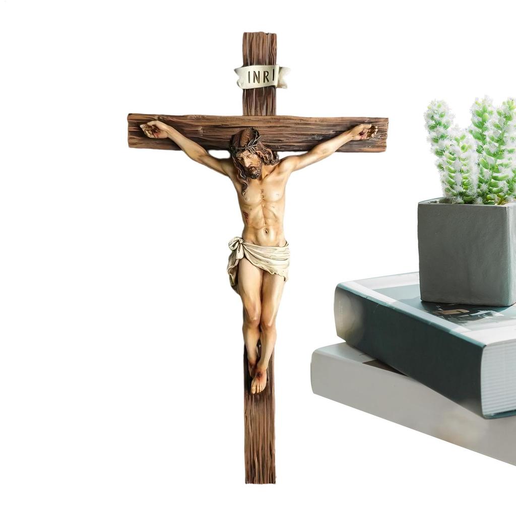 Náboženský kříž Ježíše Krista Krucifix socha pro křesťanské domácí dekorace Svatý katolický figurka řemesla Nástěnná závěsná ozdoba