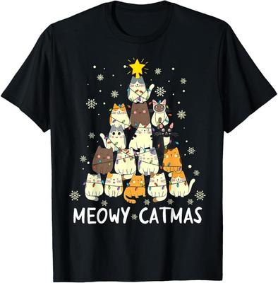Meowy Catmas Cat Christmas Tree Xmas Girls Boys Funny Santa T Shirt