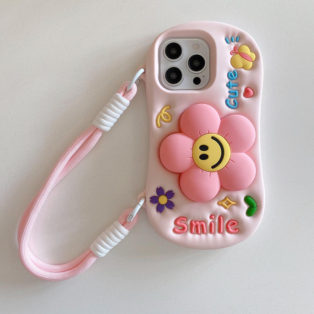 

Cute 3D Floral Bracket Soft Silicone Case Flower Stand Holder Cover for iPhone 17 Air 16 16e 15 14 13 12 Pro Max With Handstrap iPhone 12 Pro Max розовый