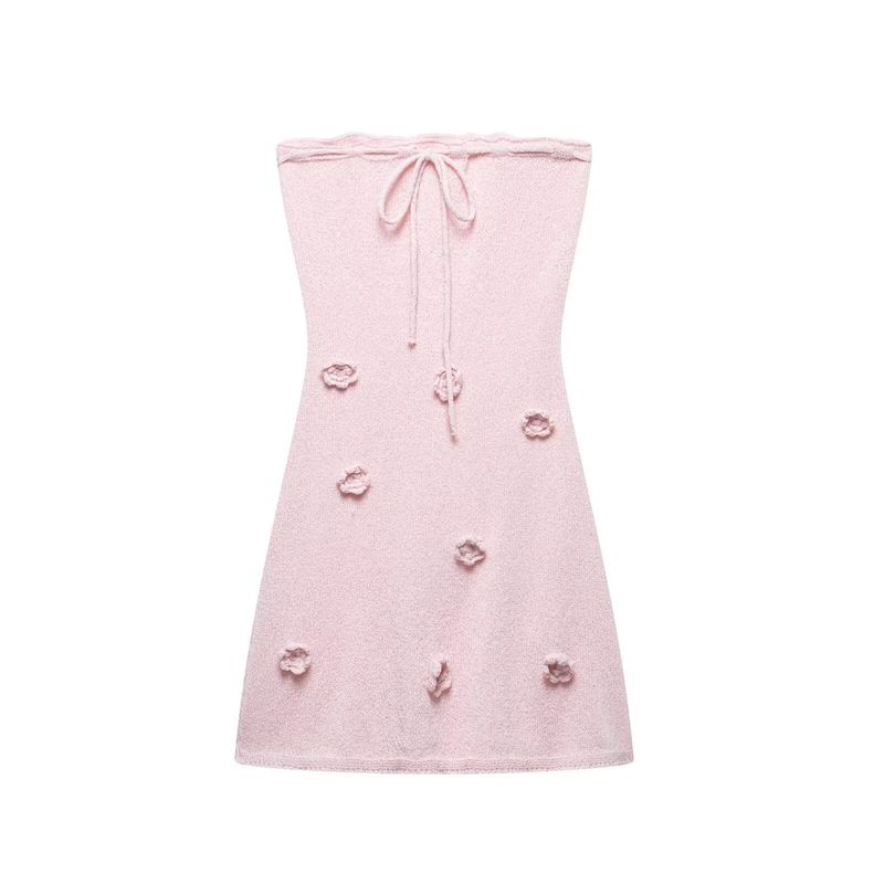 

Kaslead New Arrival Women s Clothing Fashion Style Fashion Three-Dimensional Flower Chest Shoelace Knitting Tube Top Dress Pink L