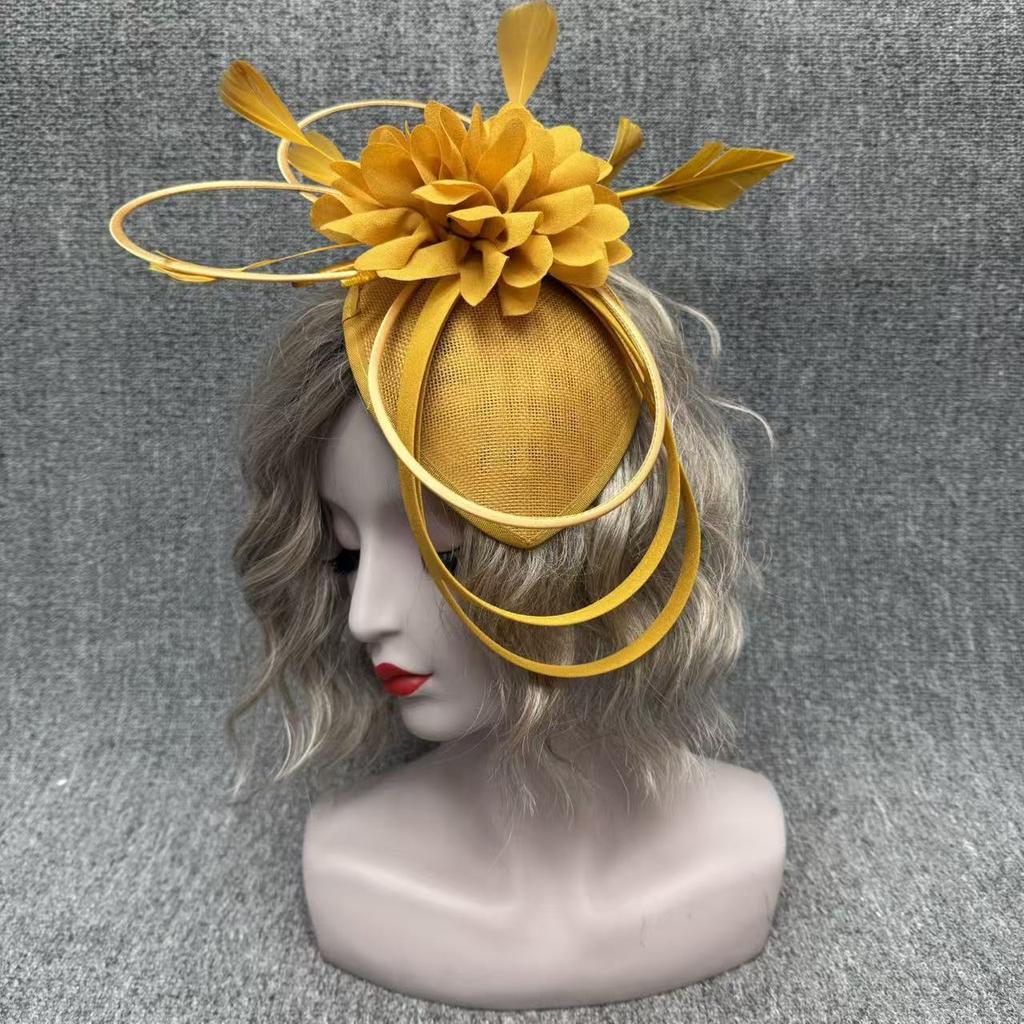 Top hat, three-layer linen yarn, premium headband, headgear, Yan Hui hair accessories, feather, big hat, mesh hat, top hat.