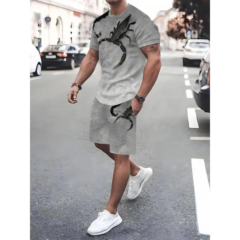 3D Wolf Print Blue Base Summer Men Short Sleeve Suit Short Sleeve Shorts 2 Pieces Casual Fashion Street Clothing