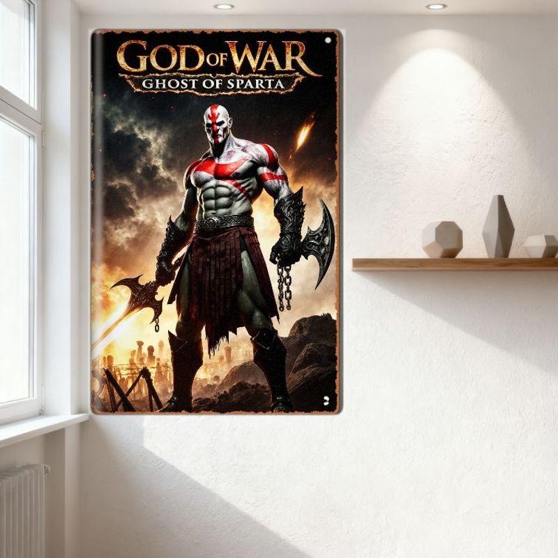 God of War Ghost of Sparta Kratos Metallplåtskylt - Forntida Slagfält Solnedgång Episk Spelkonst för Man Cave Bar Heminredning