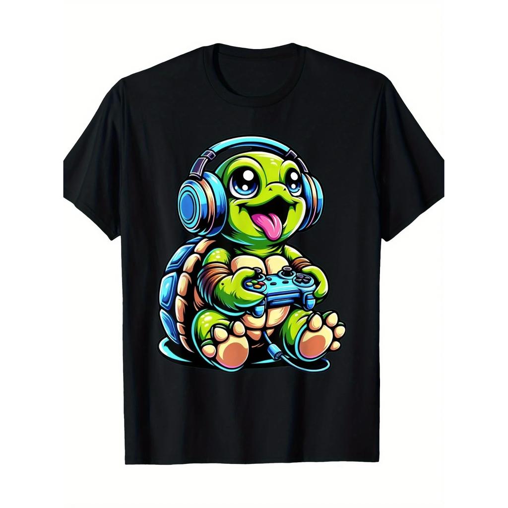 Humorous Turtle Game Player, Turtle Themed Game, Video Game T-shirt Men's Pattern Casual Shirt, Excellent Sports Gift Creativity