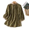 Summer Cotton Linen Art Retro Floral Seven Quarter Sleeved Shirt Top for Women