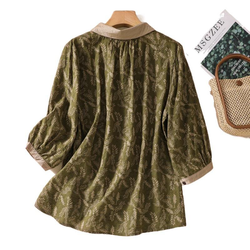 Summer Cotton Linen Art Retro Floral Seven Quarter Sleeved Shirt Top for Women