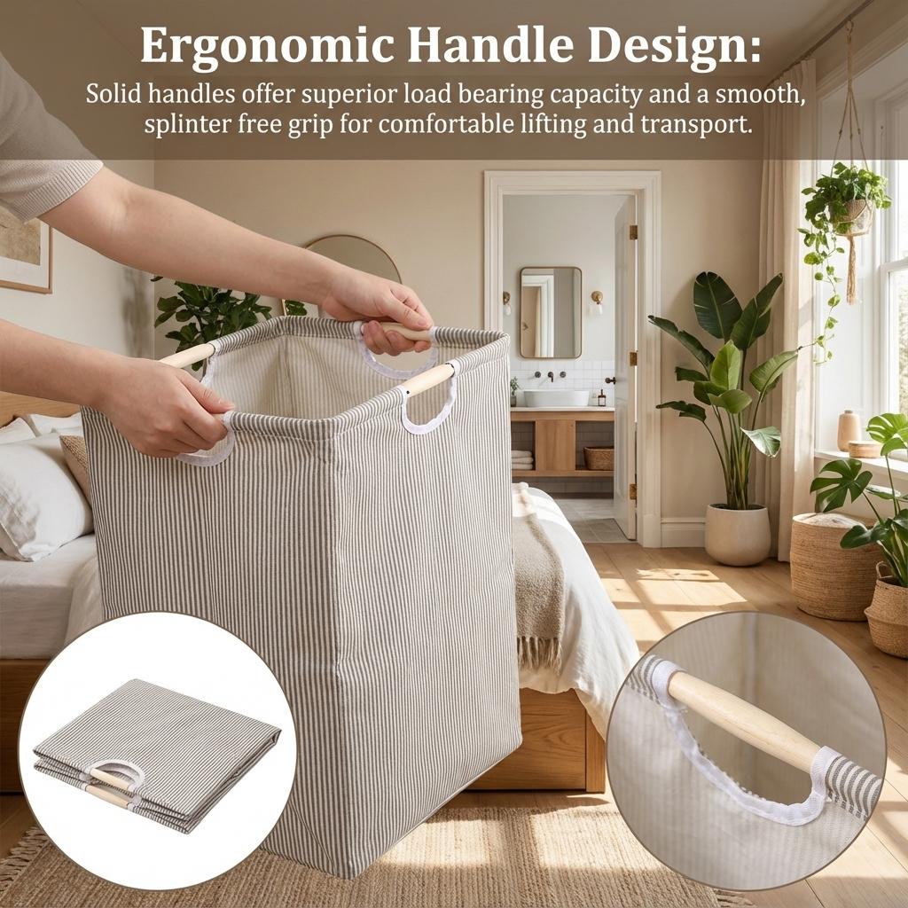 Cotton Linen Laundry Basket Foldable Storage Hamper with Waterproof Lined Wooden Handles for Bedroom Bathroom Laundry Room Home
