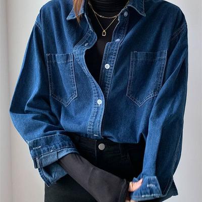 Frühlings-Vintage-Jeanshemd in Blau für Damen, lockere Passform, Frühlingsjacke