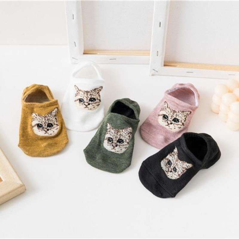 Female Spring and Summer Cotton Cute Cartoon Cat Head Anti Take Off Shallow Mouth Invisible Socks