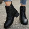 Women Square Head Splice Lace Up Versatile  Autumn Winter Square Med Heel Ankle Boots Lace Up Zipper Ladies Pumps Leather Shoes