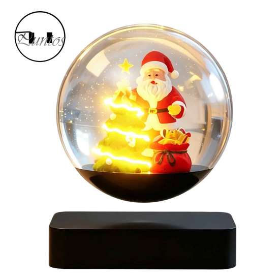 Unique Festive Home Accents Magnetic Levitating Santa Claus Tree Ornament with LED Light, Lighted Rotating Floating Glowing Winter Office Decorations