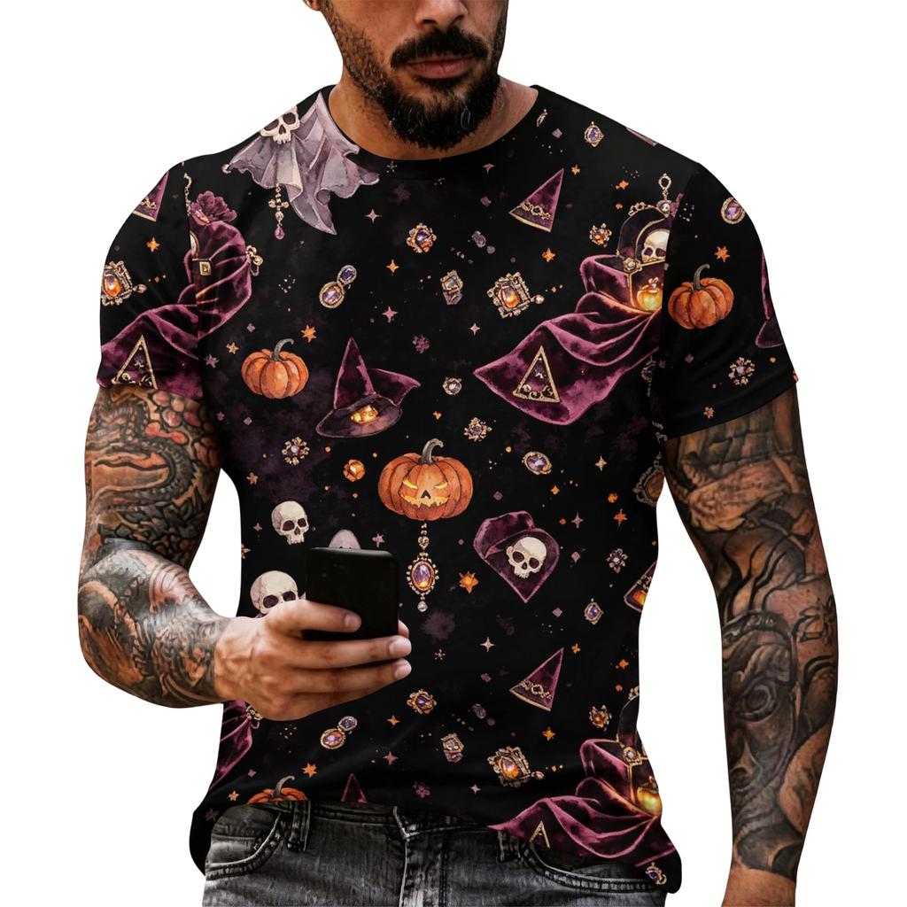Men Halloween Graphic Short Sleeve T Shirt Casual Loose Fit Summer Daily Wear Top with Pumpkin and Spider Web Print